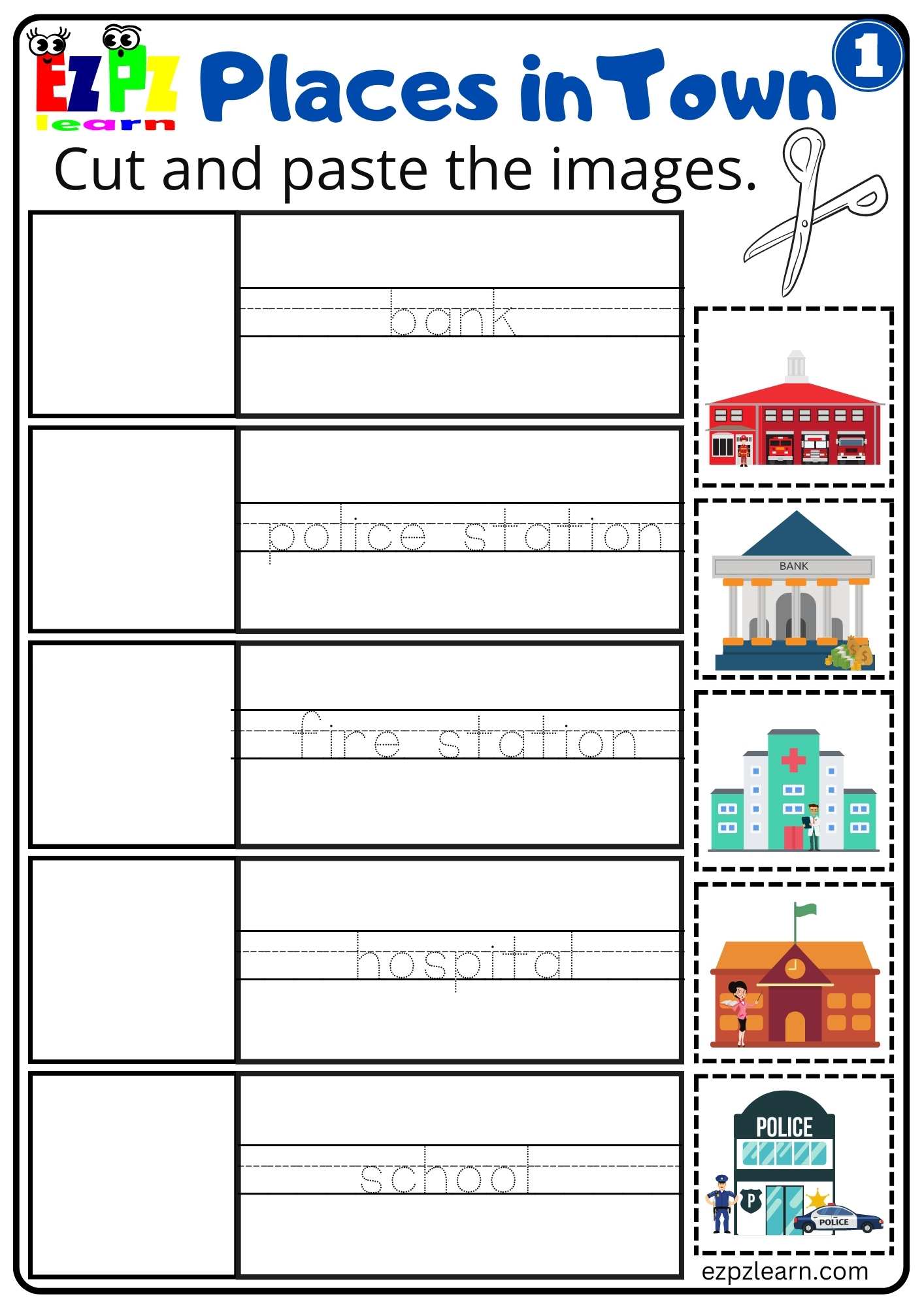 Places in Town Easy Cut and Paste Worksheet Free Download Group 1 ...